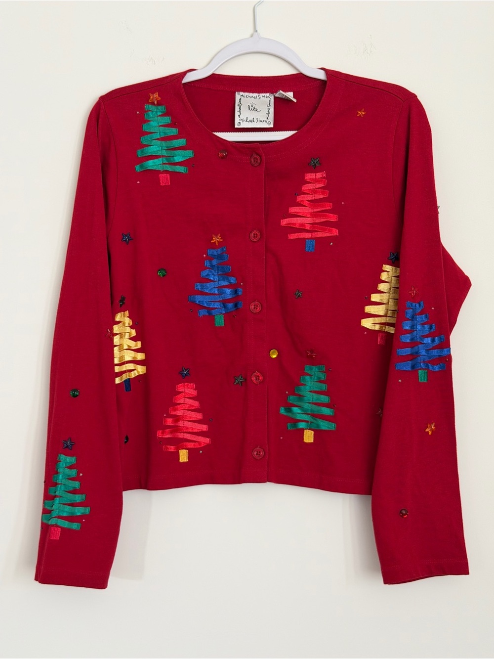 Michael Simon VTG Size Large Red Christmas Tree Cardigan Ribbon Beaded Holiday